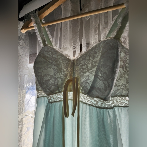 1960s Olga Light Blue Chiffon Nylon Nightgown  | Vintage 60s Babydoll Nightdress - Picture 3 of 6